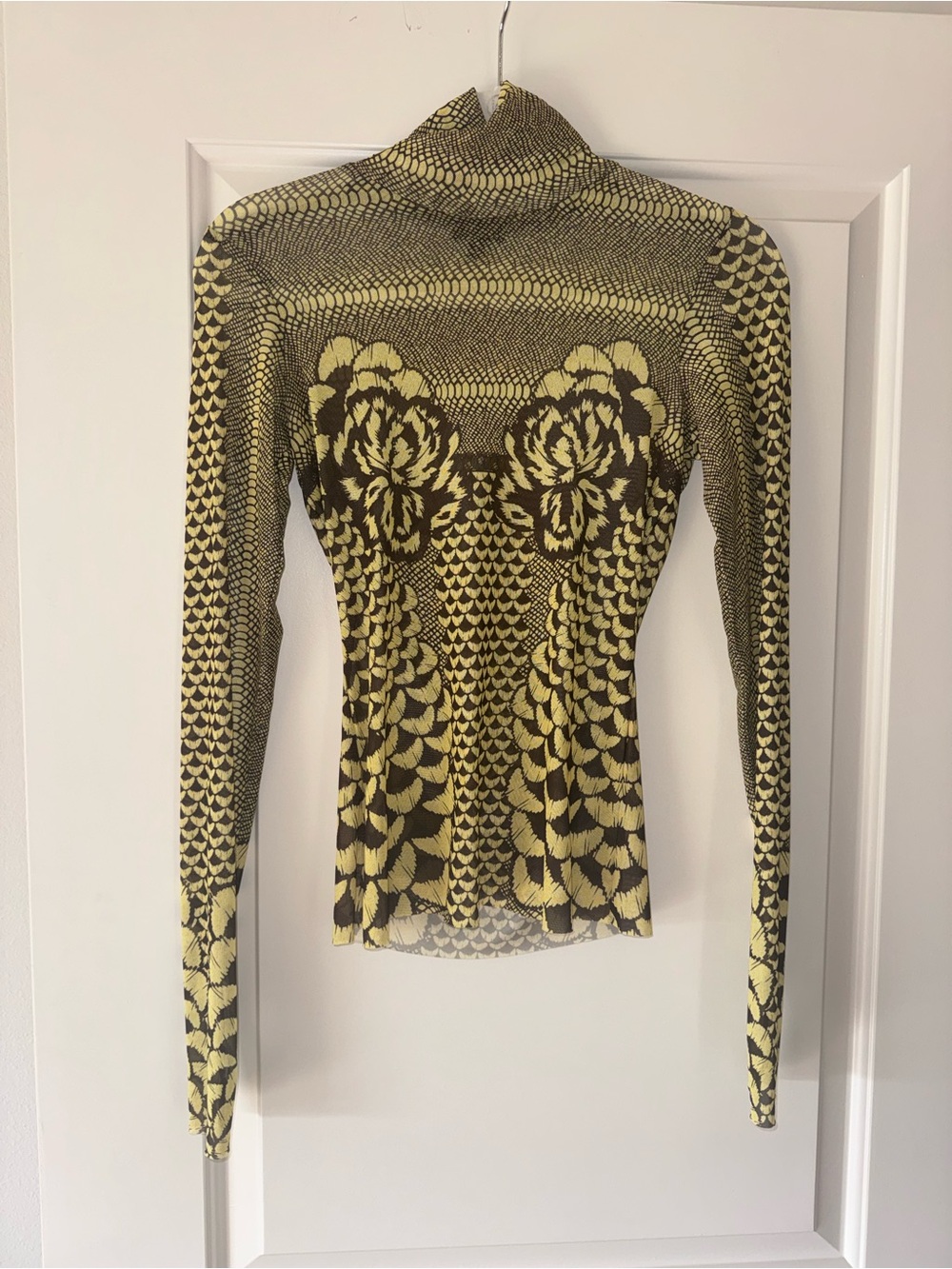 AFRM Yellow/Lime Green and Black Patterned Long-Sleeve Mesh Top